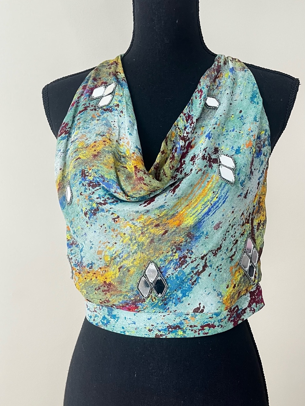 Zara Aqua Multicolor Draped Cowl Neck Camisole